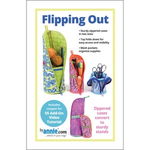 May include: Image of zippered cases in two sizes, with the text "Flipping Out". The cases are in various colors and patterns, including green, blue, and pink. They feature mesh pockets and convert to sturdy stands.