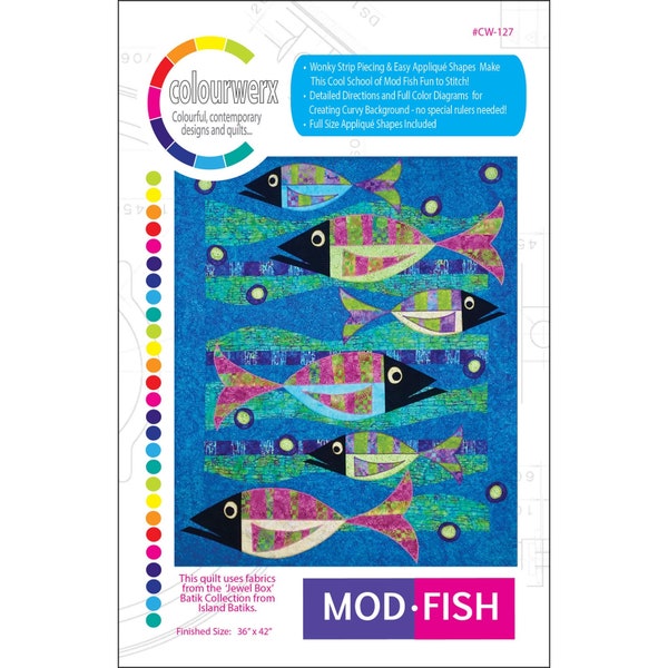 MOD FISH Quilt Pattern - Colourwerx - Colorful Contemporary Modern - Wonky Strip Piecing Easy Appliqué Shapes Fish School - Jewel Box