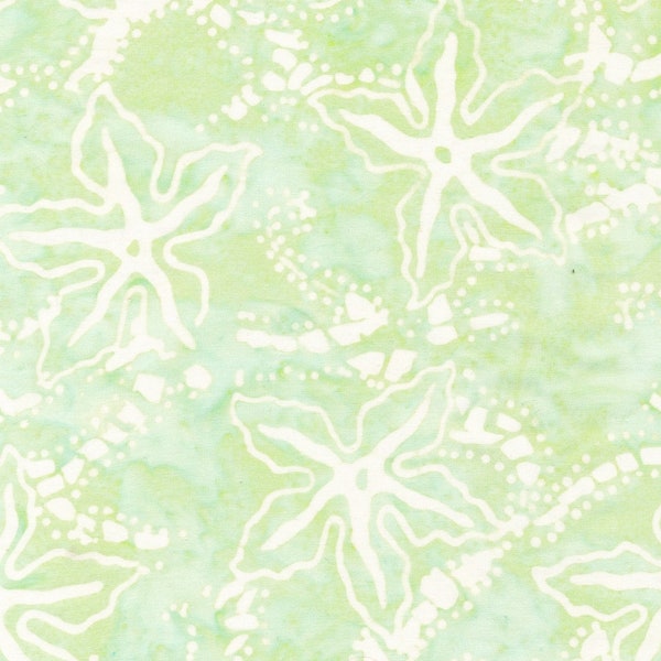 Majestic Batiks - Ocean Floor 703 - White Green Starfish - Fabric Blender - Mint Beach Turquoise Coast Tropical Hawaiian Montego Marine Sea