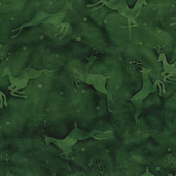 Island Batik - IB 122011681 - Hunter Green Flying Deer - Holly Holiday - Deep Emerald Tonal Christmas Winter Forest Jumping Reindeer Snow