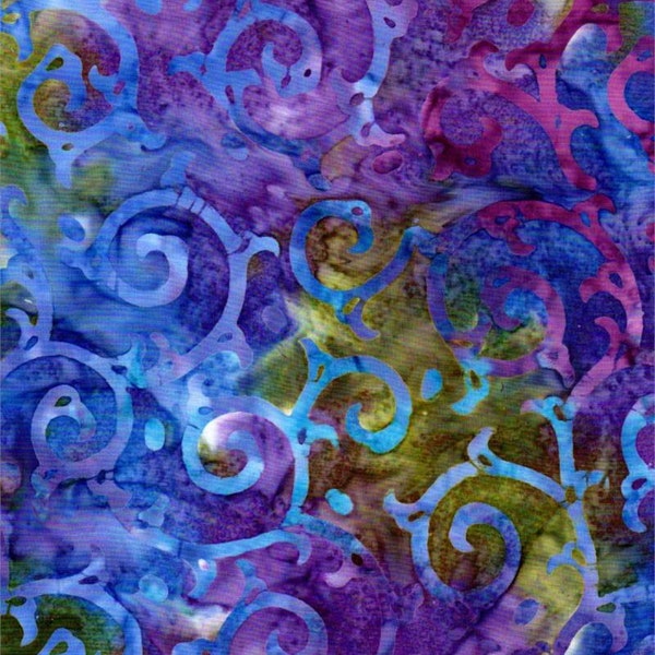 Batik Textiles - 4307 - Blue Purple Green Scrolls - Venus, Cattails, and Moon Bayou Fabric Curling Iron Gate Curls Scrolling Large Filigree