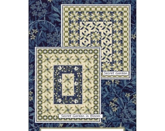SECRET GARDEN Quilt Pattern - Coach House Designs CHD-1825 - Morris Garden by Moda - Dark Blue Ivory White Spinning Star Bloom Floral Flower