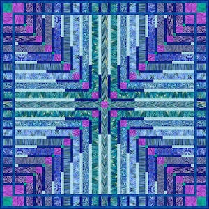 May include: A square quilt with a geometric pattern in shades of blue, purple, and teal. The design features a central cross shape with radiating lines and blocks of color. The quilt has a dark blue border.