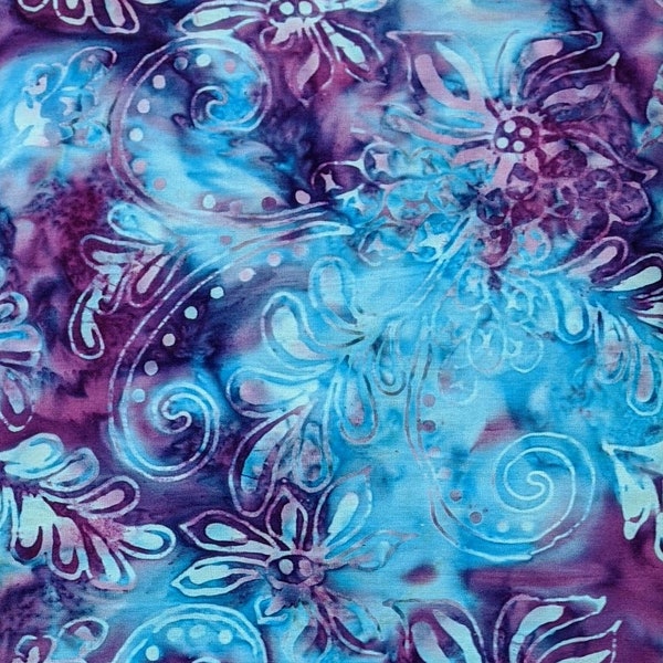 Batik Textiles - 4509 -  Turquoise Blue Purple Floral Filigree - Serendipity Fabric Blender -  Watercolor Feather Leaf Plum Violet Contrast