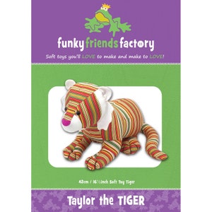 TAYLOR THE TIGER - Stuffed Animal Toy Sewing Pattern - Pauline McArthur - Funky Friends Factory - Cute Adorable Baby Cat Lion Laying Down