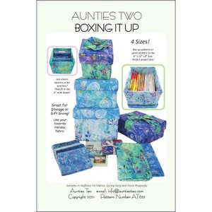 BOXING IT UP Sewing Pattern - Auntie&#39;s Two AT637 - Multipurpose Boxes 4 Sizes - Small Charm Pattern Flat Gift Storage -Hoffman Fabrics Cover