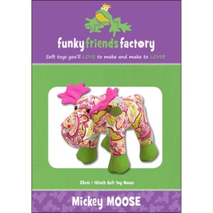 May include: A soft toy moose with a colorful paisley pattern, pink antlers, and green hooves. The text on the packaging reads "funky friends factory" and "Mickey MOOSE". The moose measures 10 inches in height.