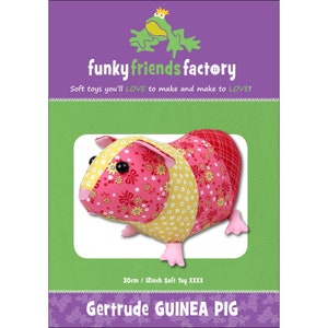May include: A soft toy guinea pig named Gertrude, with a pink, yellow, and red floral pattern. The toy is approximately 12 inches long. The packaging features the "funky friends factory" logo and the text "Soft toys you'll LOVE to make and make to LOVE!"