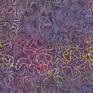 May include: A fabric with a repeating pattern of star-like shapes and dotted lines in shades of purple, pink, blue, and yellow. The design has a batik style, with a mottled appearance and a textured look.