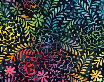 Batik Textiles - 4701 - Rainbow Navy Flowers Leaves - Fireworks Collection Blender Fabric - Multicolored Leaves Dots Colorful Fronds Floral