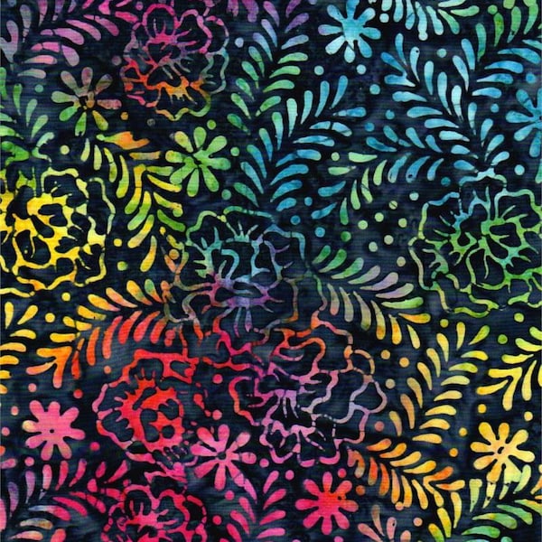 Batik Textiles - 4701 - Rainbow Navy Flowers Leaves - Fireworks Collection Blender Fabric - Multicolored Leaves Dots Colorful Fronds Floral