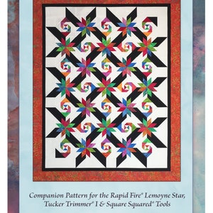 May include: A colorful quilt pattern titled "Lemoyne Trails" with a finished size of 45" x 57". The design features black starbursts with colorful star centers on a white background, framed by a red border.