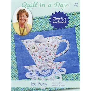 May include: A quilt pattern titled "Tea Party" featuring a blue and white teacup design with a floral pattern. The image includes a photo of a woman and the text "Template Included". The background has a blue and green plaid pattern.