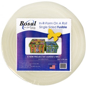 May include: A roll of Bosal In-R-Form single-sided fusible foam, 2.25 inches wide and 20 yards long. The packaging features a yellow butterfly and two colorful box designs. The product is made in the USA.