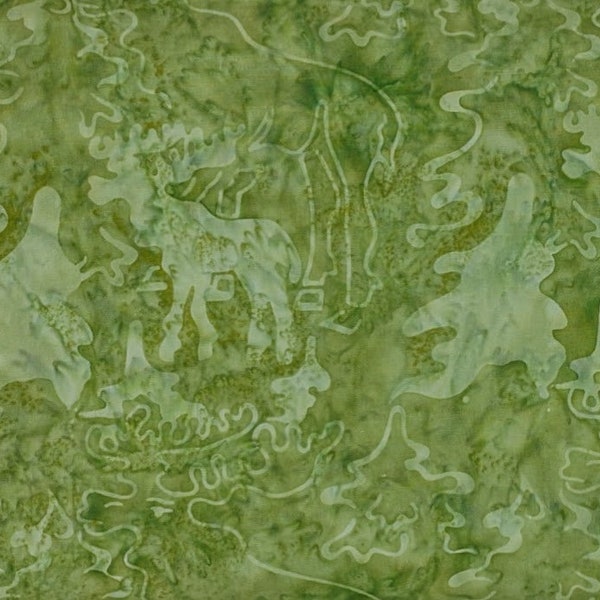 Batik Textiles - 5358 - Green Moose Scene - Puffin Ridge Fabric Blender - Alaska Wilderness Trees Olive Tonal Pear Medium Moss Animal Forest