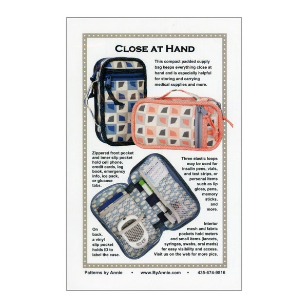 CLOSE AT HAND Sewing Pattern - byannie.com - Diabetic Blood Glucose Meter Testing Supplies Kit Bag Phone Emergency Tabs Test Strips Syringes