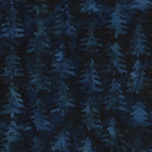 May include: Dark blue fabric with a repeating pattern of stylized evergreen trees. The trees are in shades of blue and teal, creating a forest-like design. The fabric has a mottled, textured appearance.