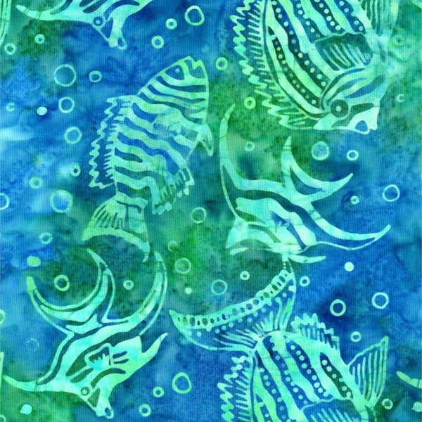 Batik Textiles - 4020 - Blue Green Fish - Down Under Fabric - Tropical Ocean Sea Marine Coast Underwater Coral Reef Teal