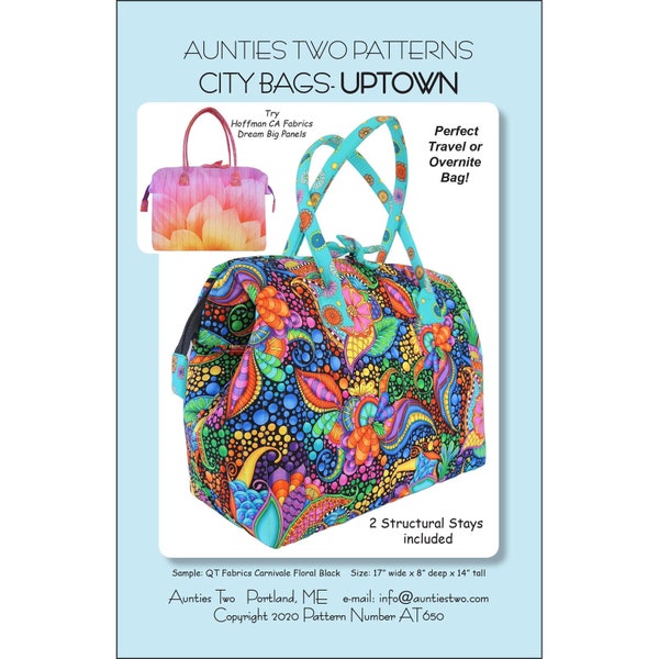 UPTOWN BAG Sewing Pattern - Auntie's Two Patterns AT650 - Large Overnight Travel Bag Inside Pockets Stylish Handbag Bosal - Stays Included