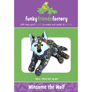 May include: A soft toy wolf with a floral pattern in navy, blue, and yellow. The plush toy is 24 inches long and has a light blue face and ears. The image includes the text "funky friends factory" and "Winsome the Wolf."