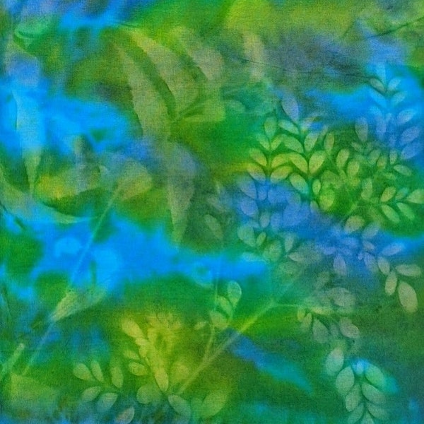 Batik Textiles - 0620 - Green Blue Bali SunPrints - Specialty Fabric Blender - Photosynthesis Ocean Lagoon Turquoise Yellow Swamp Leaves