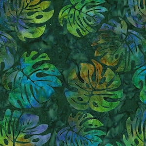 Michael Miller - Monstera Leaves - Tropical Batik - BT8512-CYPR-D - Green Blue Purple Orange Hawaii Cypress Leaf Deep Dark Teal Tropical