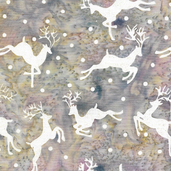 Island Batik - IB 122011905 - Aurora Flying Deer - Plum Pudding - White Falling Snow Flakes Light Hint of Purple Gray Beige Frosted Reindeer