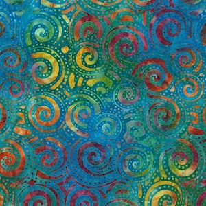Michael Miller - Lagoon Waverunner - Tropical Batik Fabric - BT8509-LAGO-D - Teal Turquoise Rainbow Hot Swirls Curls Ocean Red Orange Yellow