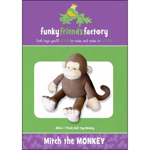 May include: A soft toy monkey named Mitch, with brown fur and white accents on the face, hands, and feet. The product is 17 inches (42cm) tall. The packaging features the text "funky friends factory" and "Soft toys you'll LOVE to make and make to LOVE!"