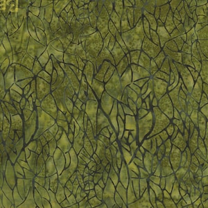 May include: Green fabric with a dark, organic pattern resembling a network of veins or branches. The background has a mottled appearance, with variations in the green hue. The dark pattern creates a contrast against the lighter green background.