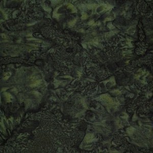 May include: Dark green fabric with a mottled pattern. The fabric has a textured appearance with areas of lighter green and yellow, creating a marbled effect. The overall design is organic and abstract.