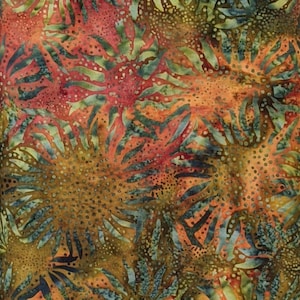 May include: Close-up of a fabric with a repeating floral pattern. The design features stylized flowers in shades of orange, red, green, and blue against a brown background. The fabric has a textured appearance, with small dots scattered throughout the design.