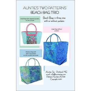 BEACH BAG TRIO Sewing Pattern - Auntie&#39;s Two Patterns AT618 -Carry Bag Large Medium Small Basket Hold Everything Picnic Zippered Open Pocket