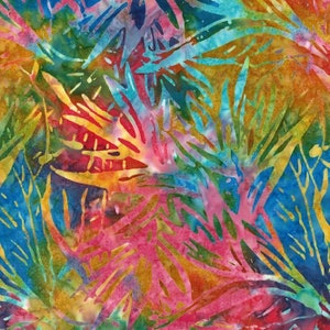 Michael Miller - Calypso Palm Bloom - Tropical Batik Fabric - BT8506-CALY-D - Tropical Branches Hawaiian Ocean Blue Pink Green Yellow Leaf