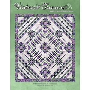 May include: A quilt pattern titled Vintner's Treasure, a 10 Month Program by Deb Tucker for Studio 180 Design. The quilt features a geometric star design in shades of purple, green, and white, with intricate pieced blocks and a floral border.