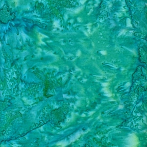 May include: Abstract fabric with a watercolor effect in shades of teal, turquoise, and green. The design features a mottled pattern with areas of lighter and darker hues, creating a textured appearance. The fabric's color palette evokes a sense of the ocean.