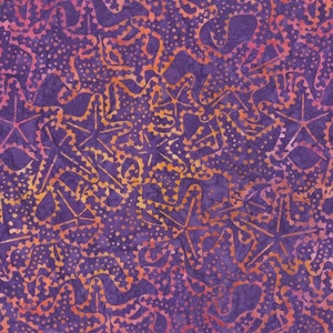 May include: A fabric with a repeating pattern of starfish in shades of orange and pink against a deep purple background. The starfish are outlined with a dotted pattern, creating a textured appearance. This fabric is suitable for various craft projects.