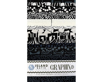 Island Batik - IB 2.5" Strip Pack SP - Graphix - Jelly Roll Fabric - Flat Black White Contemporary Modern Geometric Designs Contrasting Ink
