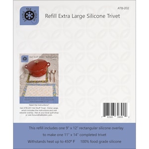 May include: A white package with the text "Refill Extra Large Silicone Trivet." It includes a 9" x 12" rectangular silicone overlay to make an 11" x 14" trivet. The trivet withstands heat up to 450°F and is made of 100% food-grade silicone.