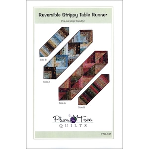 May include: A diagram for a reversible strippy table runner quilt pattern. The design features two different color schemes, one with blue and brown tones, and the other with red and brown tones. The text reads "Reversible Strippy Table Runner" and "Pre-cut strip friendly!"