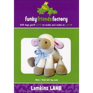 May include: A soft toy lamb with a white body, tan face and legs, and pink ears. It has a blue and white checkered bow around its neck. The packaging reads "funky friends factory" and "Lamkins LAMB". The toy is approximately 9 inches tall.