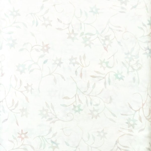 Batik Textiles - 4825 - White Green-Gray-Pink Flowers - Delightful Fabric Blender -Warm Solid Background Light Ash Ivory Blue Floral Leaves