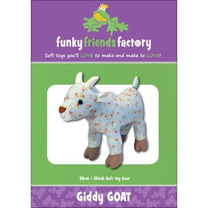 May include: A soft toy goat, approximately 12 inches tall, with a light blue floral pattern. The plush goat has brown hooves and a brown nose. The image includes the text "funky friends factory" and "Giddy GOAT".