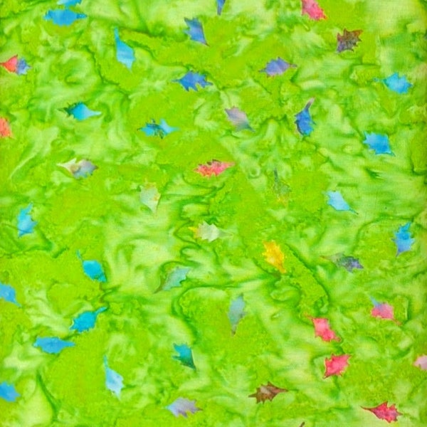 Batik Textiles - 4316 - Lime Green Rainbow Leaves - Venus Cattails & Moon Bayou Fabric Blender - Multicolored Falling Leaf Spring Summer