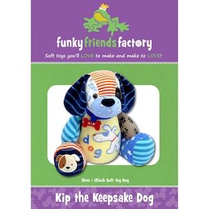 May include: A soft toy dog named Kip, approximately 12 inches tall, with a patchwork design. The dog has blue, orange, and white patterned ears, paws, and a body with a dog illustration. The packaging features the text "funky friends factory".