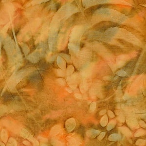 May include: Abstract textile in warm tones. The design incorporates orange, brown, and cream colours, with leaf-like and organic shapes. The fabric has a textured appearance, creating a visual depth.