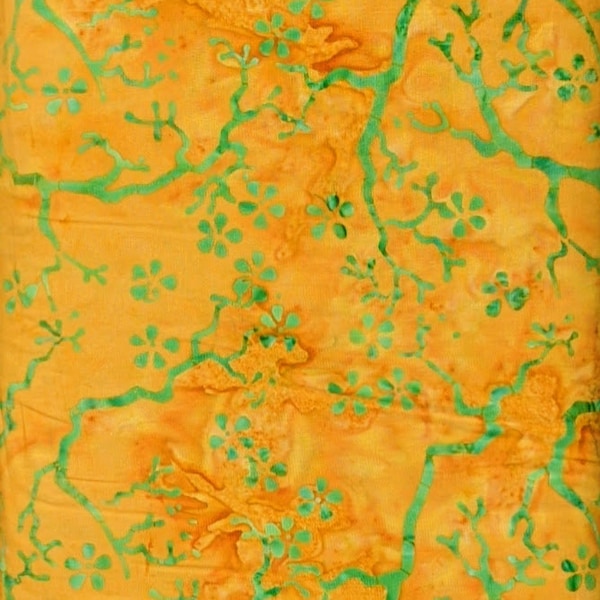 Batik Textiles - 5741 - Orange Green Cherry Blossoms - Color Me Happy Fabric Blender - Colorful Small Flower Branches Tree Rusty Gold Kelly