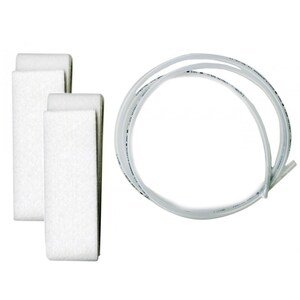 May include: An overhead shot shows three white rectangular filters and a coiled clear tube. The filters are made of a porous material. The tube is clear with some text printed along its length. The items are set against a white background.