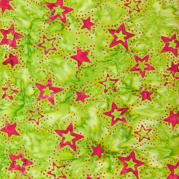 Batik Textiles - 5545 - Green Red Stars - Xx's and Oo's Collection Fabric Blender - Lime Chartreuse Bright Cherry Apple Dotted Starry Skies