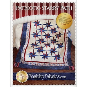 May include: A patriotic quilt with a white background and a pattern of blue and red stars. The quilt has a blue border with a red and white dotted trim. The text "PATRIOTIC STARRY PATH" is at the top.